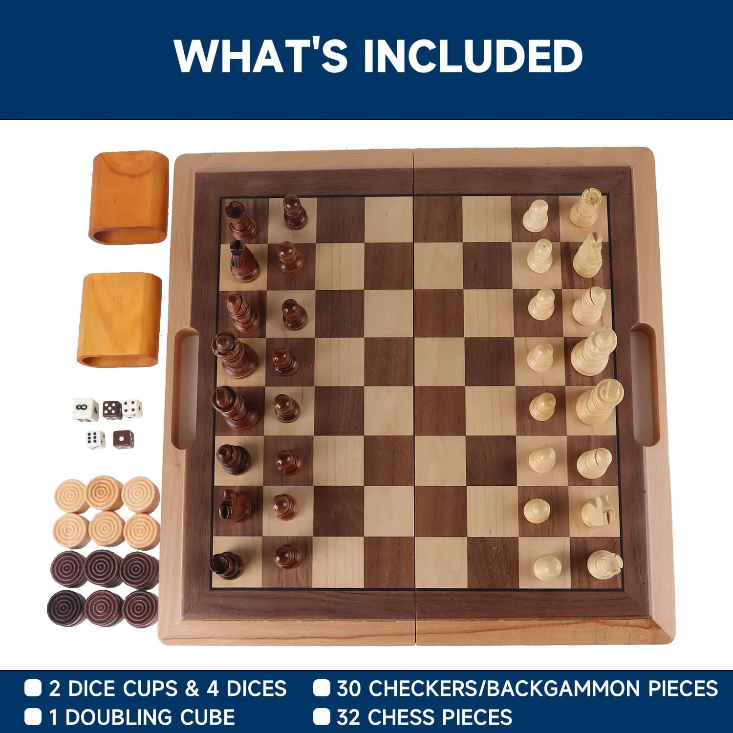 GSE Games & Sports Expert 16" Deluxe 3-in-1 Wooden Folding Chess, Checker and Backgammon Board Game Combo Set, Portable Travel Game Set for Kids & Adults