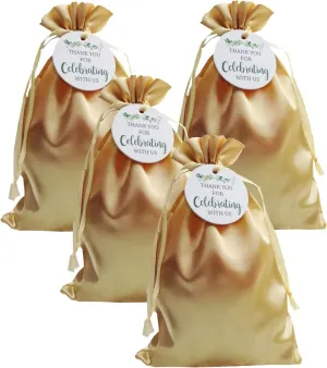 GUFIER 30 PCS Golden Drawstring Gift Bags with Thank You Tags, 6x9" Satin Gift Bags, Silk Jewelry Pouches Drawstring Bags, Bridal Shower Gift Bags for Birthday, Wedding, Baby Shower Party Favor