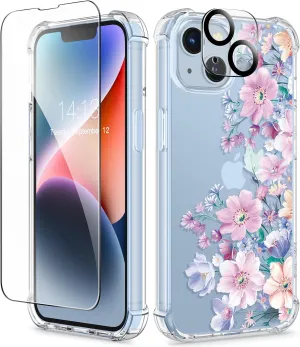 GVIEWIN for iPhone 14 Case Floral, with Screen Protector   Camera Lens Protector, [Non Yellowing]Soft Shockproof Clear Phone Protective Cover for Women, Flower Pattern Design 6.1"(Anemone Blooms/Pink)