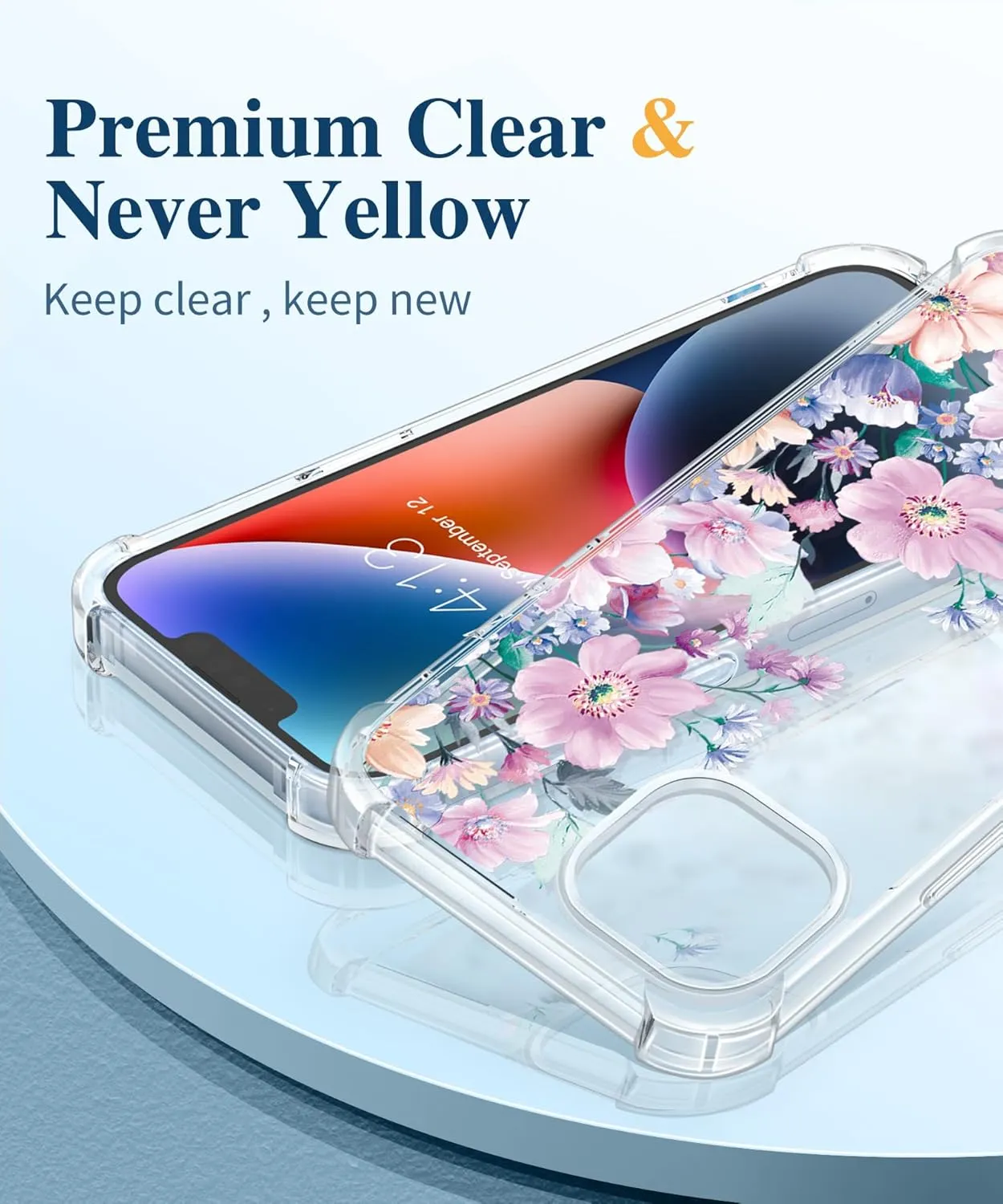 GVIEWIN for iPhone 14 Case Floral, with Screen Protector   Camera Lens Protector, [Non Yellowing]Soft Shockproof Clear Phone Protective Cover for Women, Flower Pattern Design 6.1"(Anemone Blooms/Pink)