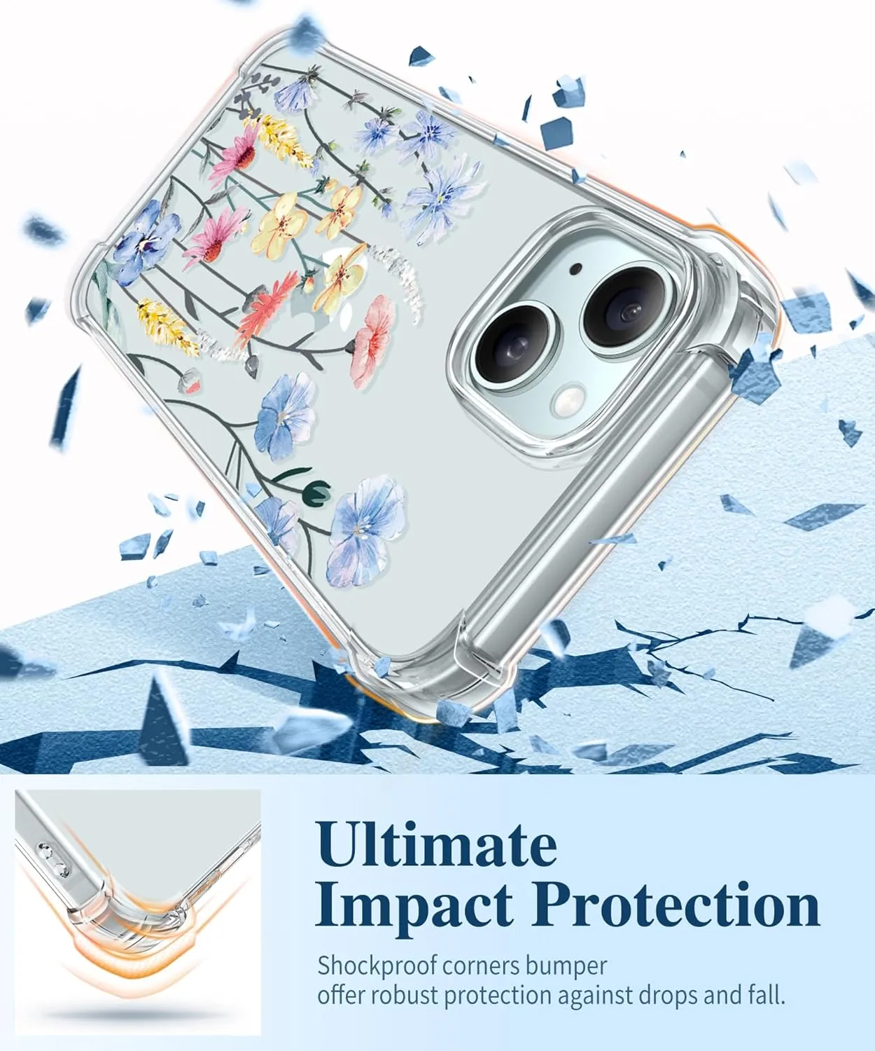 GVIEWIN for iPhone 15 Case, [3 in 1] with Screen Protector & Camera Lens Protector, Clear Soft Shockproof Slim Fit Floral Phone Cover for Women Girls 2023 6.1" (Aconite/Light Blue)