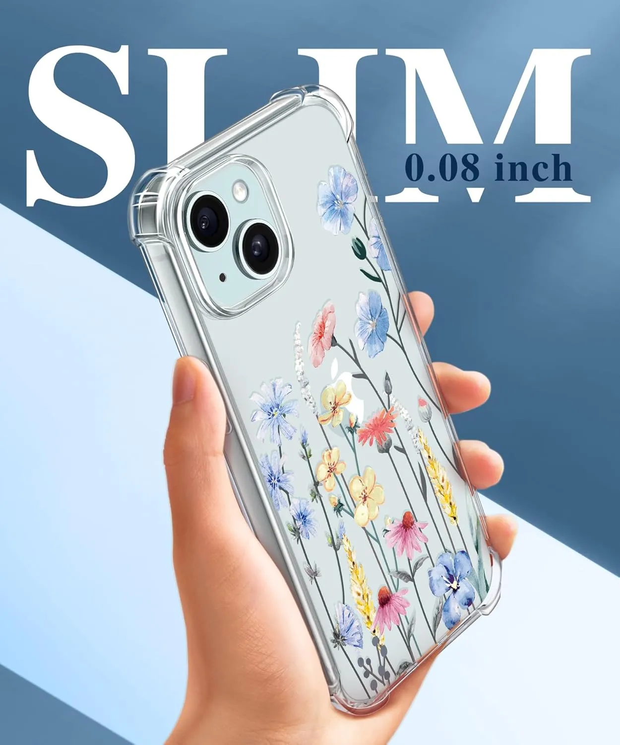 GVIEWIN for iPhone 15 Case, [3 in 1] with Screen Protector & Camera Lens Protector, Clear Soft Shockproof Slim Fit Floral Phone Cover for Women Girls 2023 6.1" (Aconite/Light Blue)