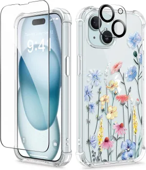 GVIEWIN for iPhone 15 Case, [3 in 1] with Screen Protector & Camera Lens Protector, Clear Soft Shockproof Slim Fit Floral Phone Cover for Women Girls 2023 6.1" (Aconite/Light Blue)