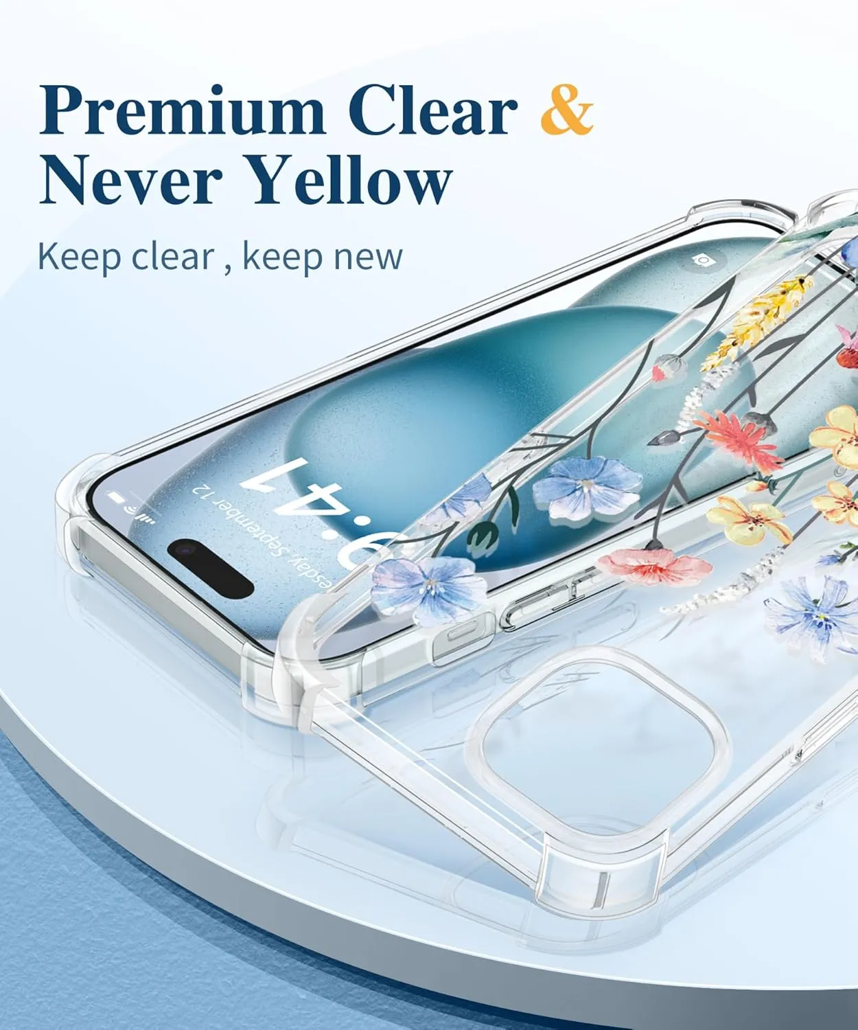 GVIEWIN for iPhone 15 Case, [3 in 1] with Screen Protector & Camera Lens Protector, Clear Soft Shockproof Slim Fit Floral Phone Cover for Women Girls 2023 6.1" (Aconite/Light Blue)