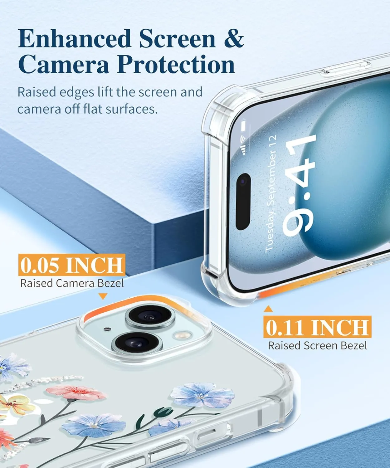 GVIEWIN for iPhone 15 Case, [3 in 1] with Screen Protector & Camera Lens Protector, Clear Soft Shockproof Slim Fit Floral Phone Cover for Women Girls 2023 6.1" (Aconite/Light Blue)