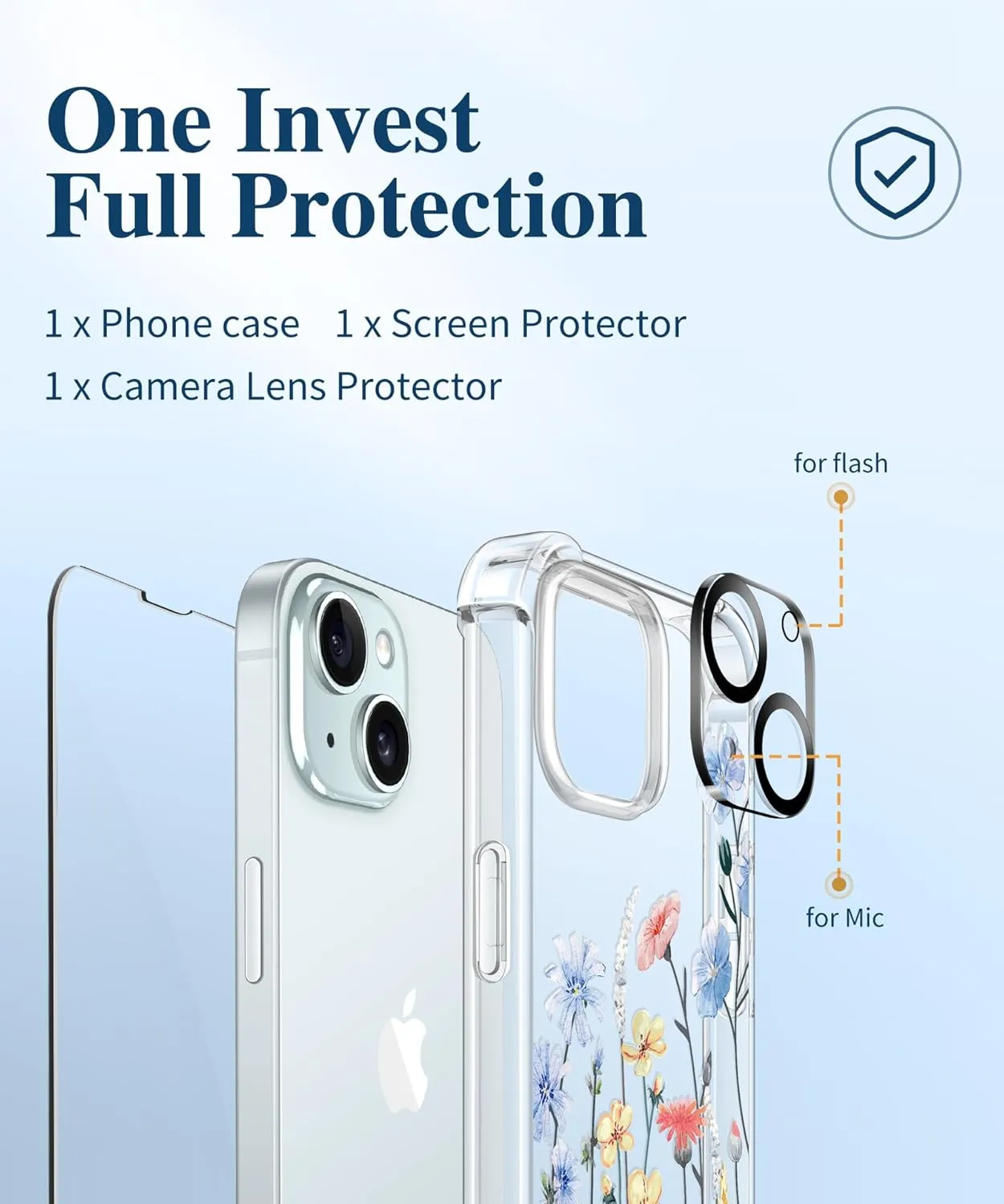 GVIEWIN for iPhone 15 Case, [3 in 1] with Screen Protector & Camera Lens Protector, Clear Soft Shockproof Slim Fit Floral Phone Cover for Women Girls 2023 6.1" (Aconite/Light Blue)