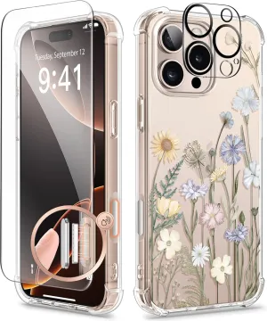 GVIEWIN for iPhone 16 Pro Case, with Screen Protector & Camera Lens Protector [Not Yellowing] Floral Slim Shockproof Protective Clear Flower Women Phone Cover 6.3'' (Vibrant Spring)