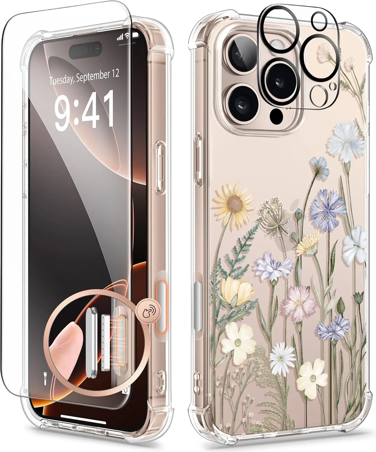 GVIEWIN for iPhone 16 Pro Case, with Screen Protector & Camera Lens Protector [Not Yellowing] Floral Slim Shockproof Protective Clear Flower Women Phone Cover 6.3'' (Vibrant Spring)