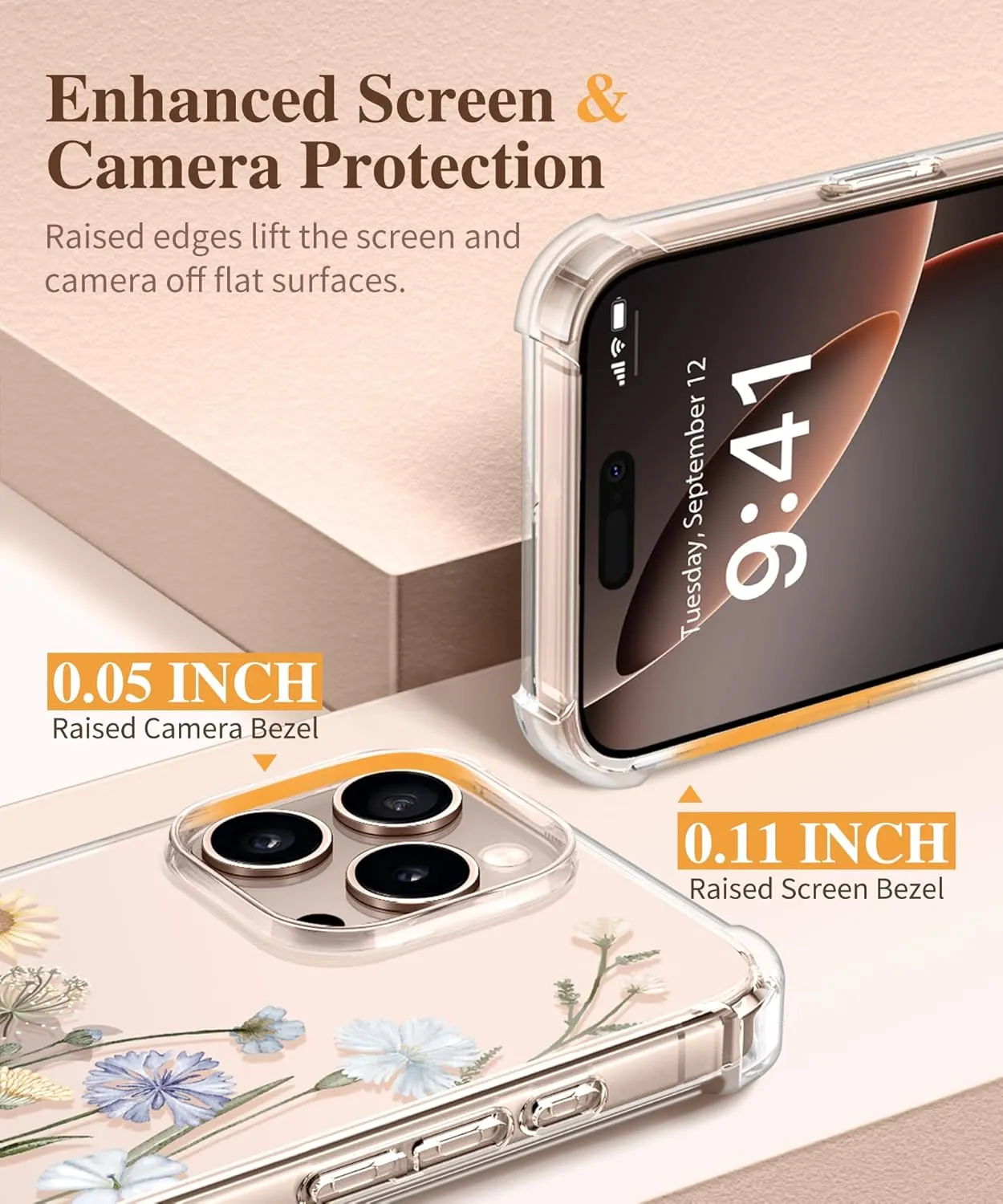 GVIEWIN for iPhone 16 Pro Case, with Screen Protector & Camera Lens Protector [Not Yellowing] Floral Slim Shockproof Protective Clear Flower Women Phone Cover 6.3'' (Vibrant Spring)