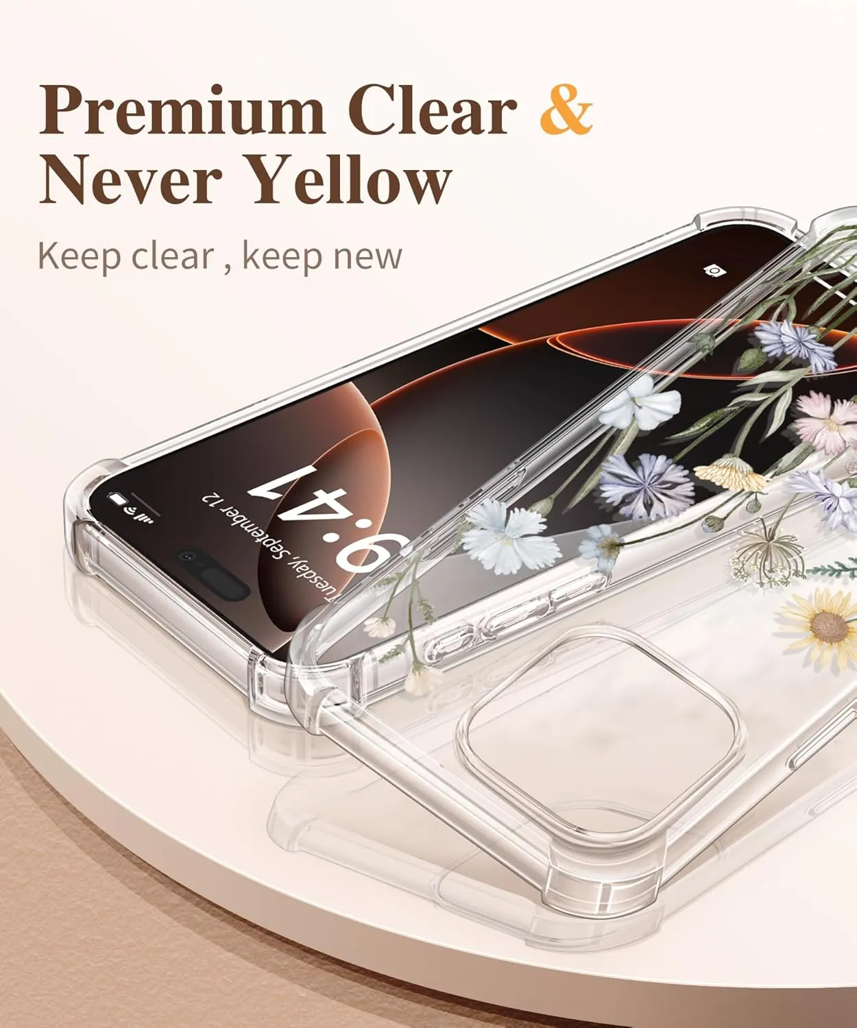 GVIEWIN for iPhone 16 Pro Case, with Screen Protector & Camera Lens Protector [Not Yellowing] Floral Slim Shockproof Protective Clear Flower Women Phone Cover 6.3'' (Vibrant Spring)