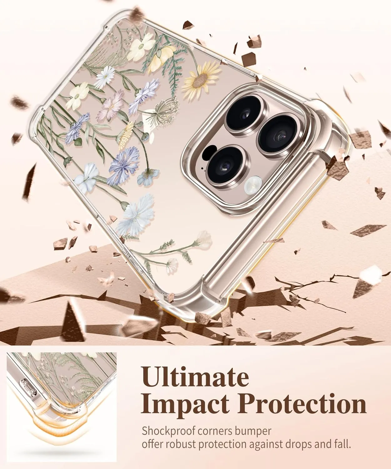 GVIEWIN for iPhone 16 Pro Case, with Screen Protector & Camera Lens Protector [Not Yellowing] Floral Slim Shockproof Protective Clear Flower Women Phone Cover 6.3'' (Vibrant Spring)