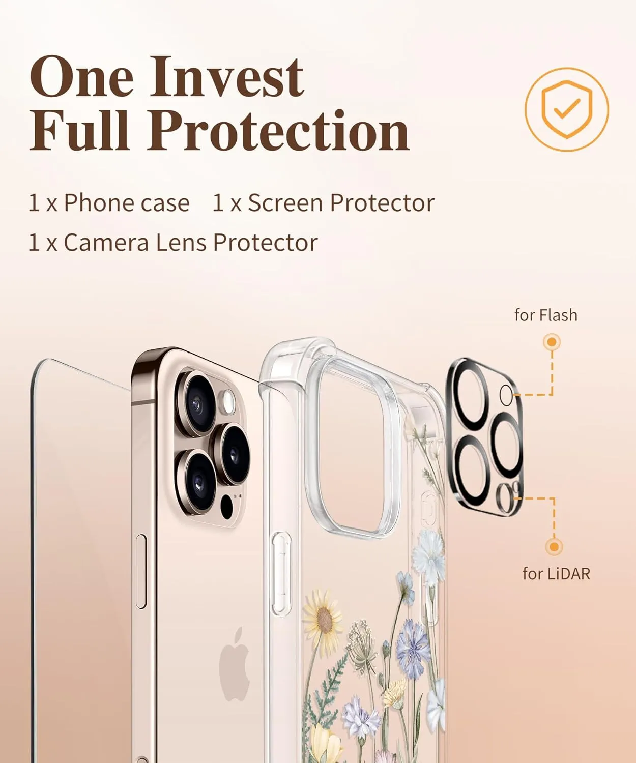 GVIEWIN for iPhone 16 Pro Case, with Screen Protector & Camera Lens Protector [Not Yellowing] Floral Slim Shockproof Protective Clear Flower Women Phone Cover 6.3'' (Vibrant Spring)