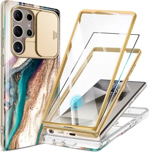 GVIEWIN for Samsung Galaxy S24 Ultra Case, [Slide Camera Cover & Built-in Screen Protector] [2 Front Frame] Military Grade Shockproof Marble Phone Case Cover 6.8" (Drift Sand/Brown)