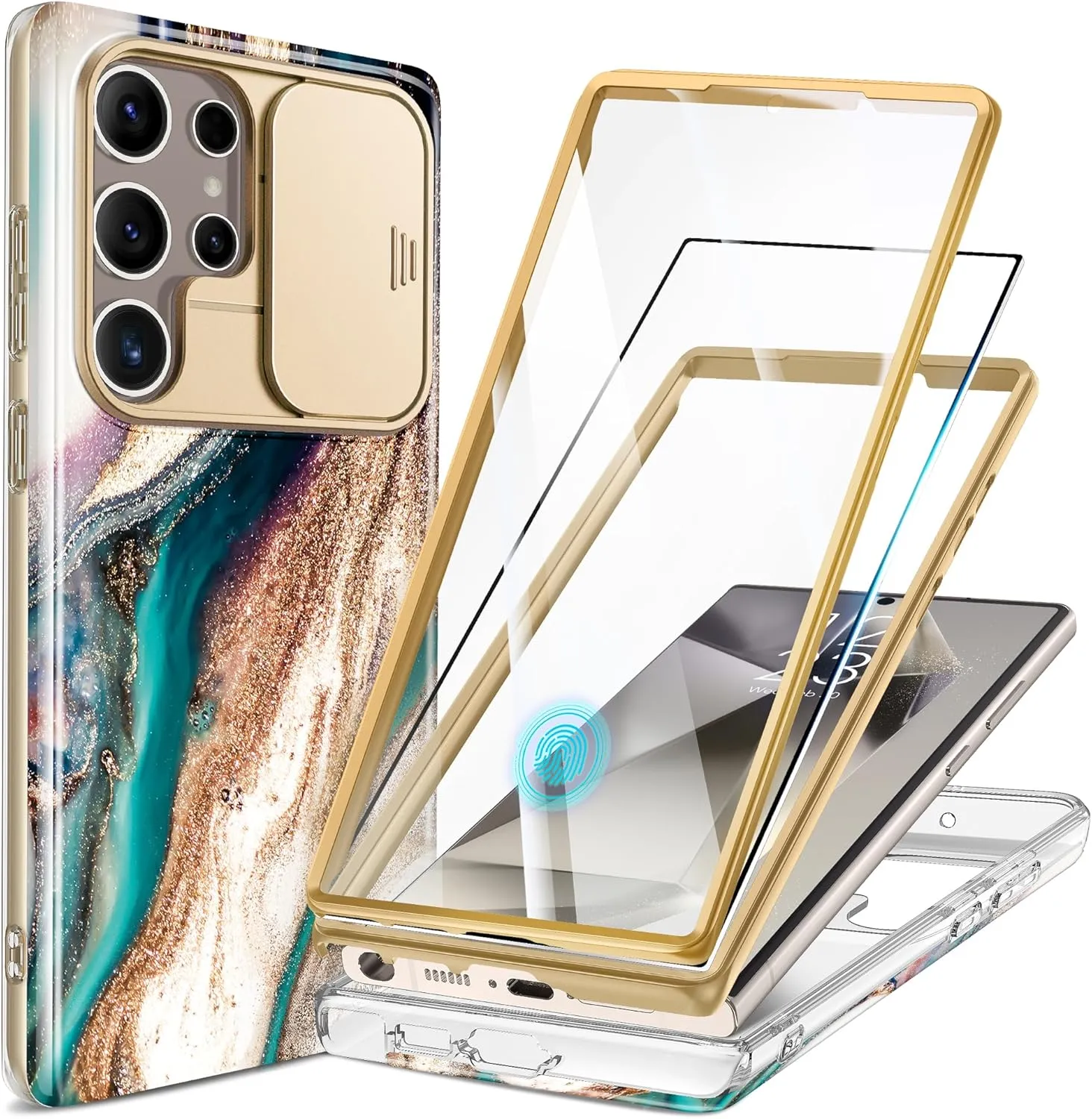 GVIEWIN for Samsung Galaxy S24 Ultra Case, [Slide Camera Cover & Built-in Screen Protector] [2 Front Frame] Military Grade Shockproof Marble Phone Case Cover 6.8" (Drift Sand/Brown)