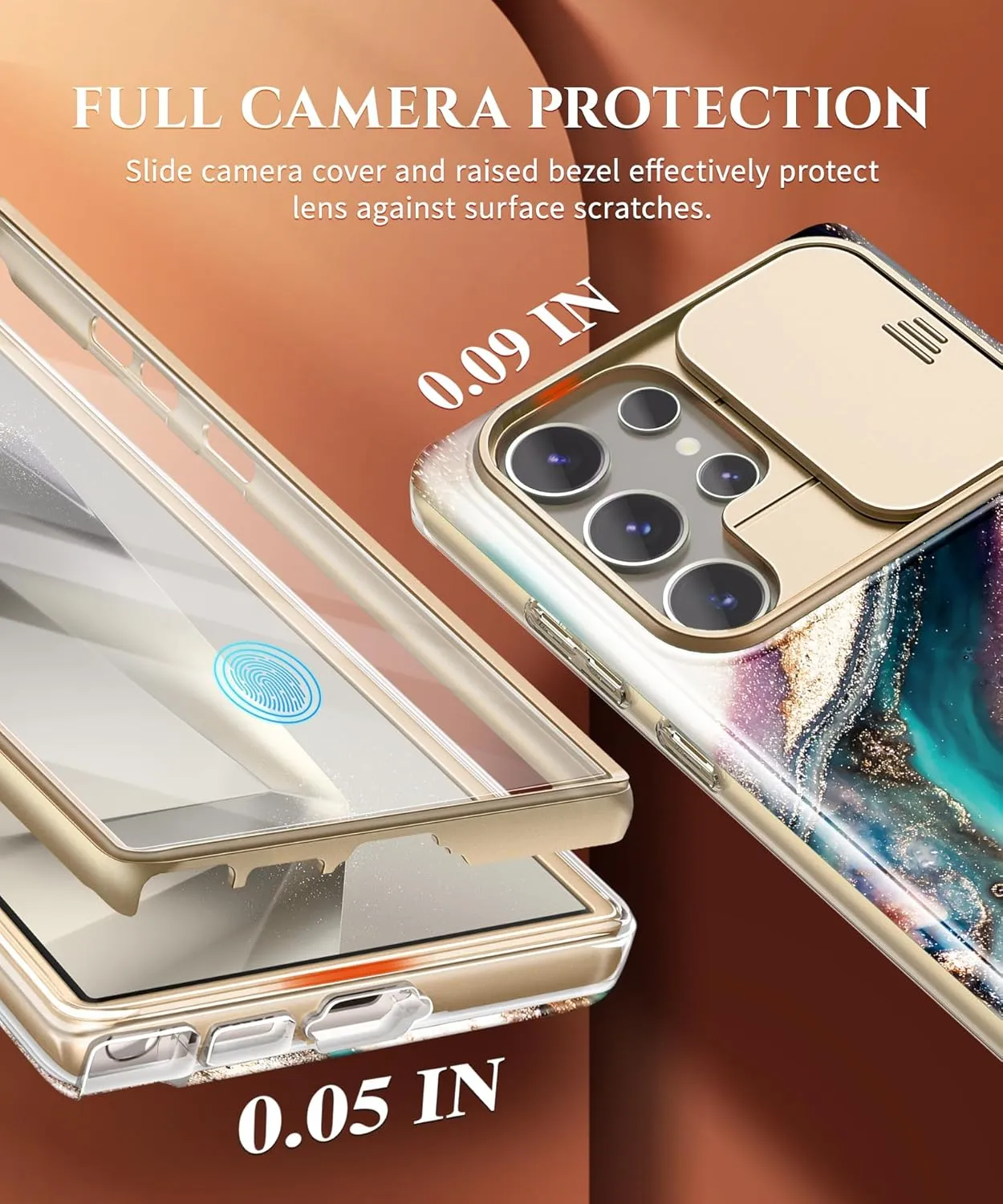 GVIEWIN for Samsung Galaxy S24 Ultra Case, [Slide Camera Cover & Built-in Screen Protector] [2 Front Frame] Military Grade Shockproof Marble Phone Case Cover 6.8" (Drift Sand/Brown)