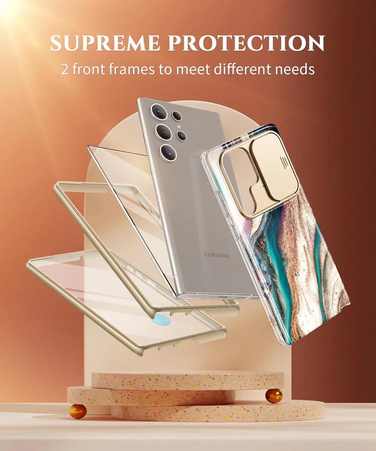 GVIEWIN for Samsung Galaxy S24 Ultra Case, [Slide Camera Cover & Built-in Screen Protector] [2 Front Frame] Military Grade Shockproof Marble Phone Case Cover 6.8" (Drift Sand/Brown)