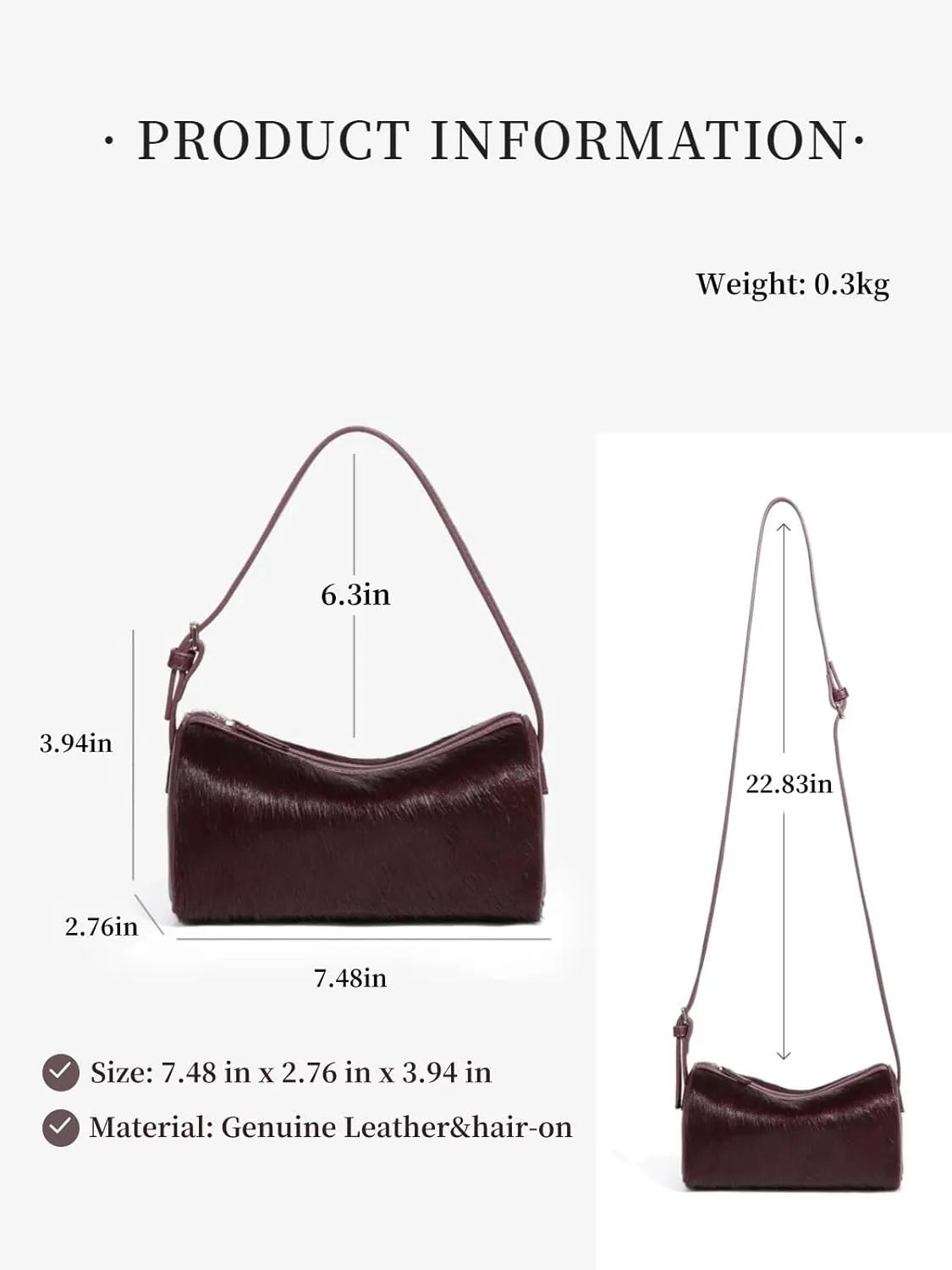 Hair-On Leather Hobo Crossbody Bag for Women, Barrel Handbag, Small Shoulder purse, Stylish and Lightweight