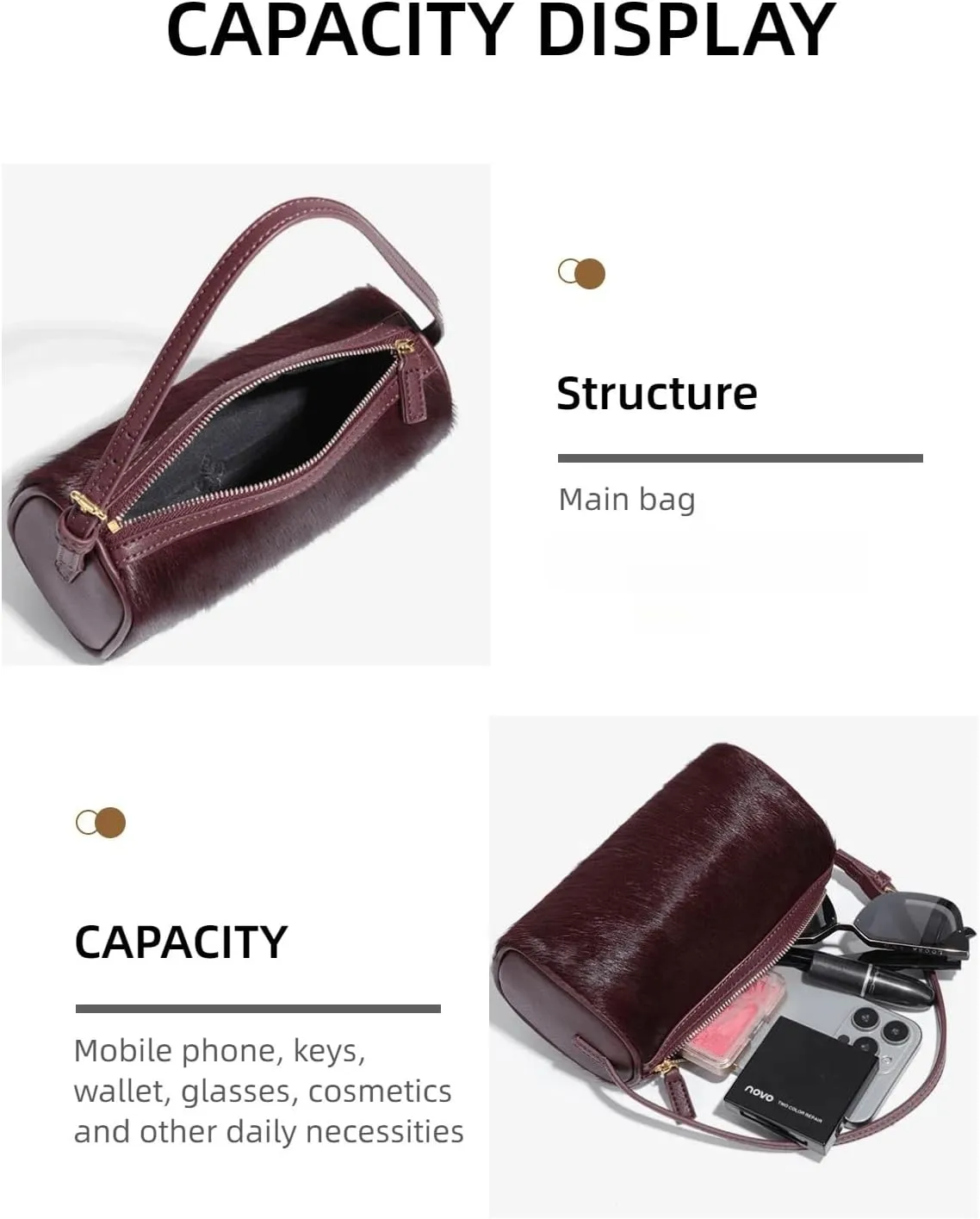 Hair-On Leather Hobo Crossbody Bag for Women, Barrel Handbag, Small Shoulder purse, Stylish and Lightweight