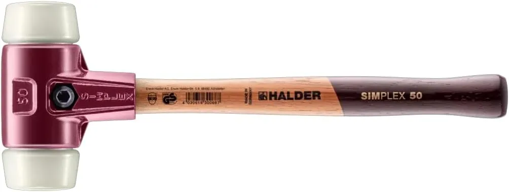 Halder Simplex Soft-Faced Mallet, Hard Nylon Inserts, Cast Iron Housing with Handle Protection Sleeve, Varnished Wooden Handle, 50mm, 2.5 lbs.