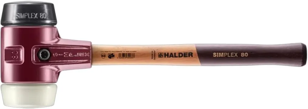 Halder Simplex Soft-Faced Mallet, Medium-Hard Rubber Insert, Hard Nylon Insert, Cast Iron Housing with Handle Protection Sleeve, Varnished Wooden Handle, 80mm, 6.4 lbs.