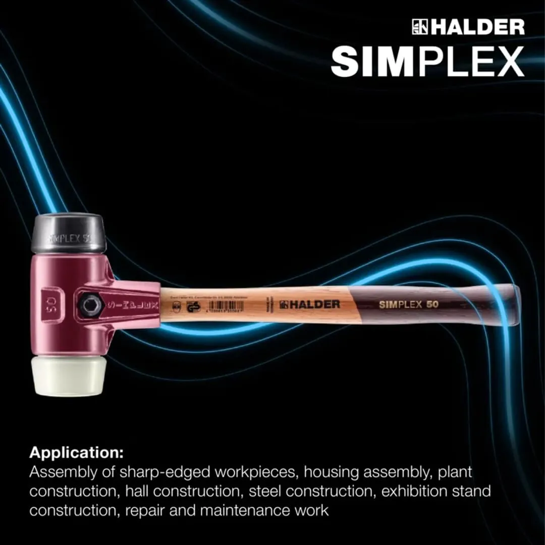 Halder Simplex Soft-Faced Mallet, Medium-Hard Rubber Insert, Hard Nylon Insert, Cast Iron Housing with Handle Protection Sleeve, Varnished Wooden Handle, 80mm, 6.4 lbs.