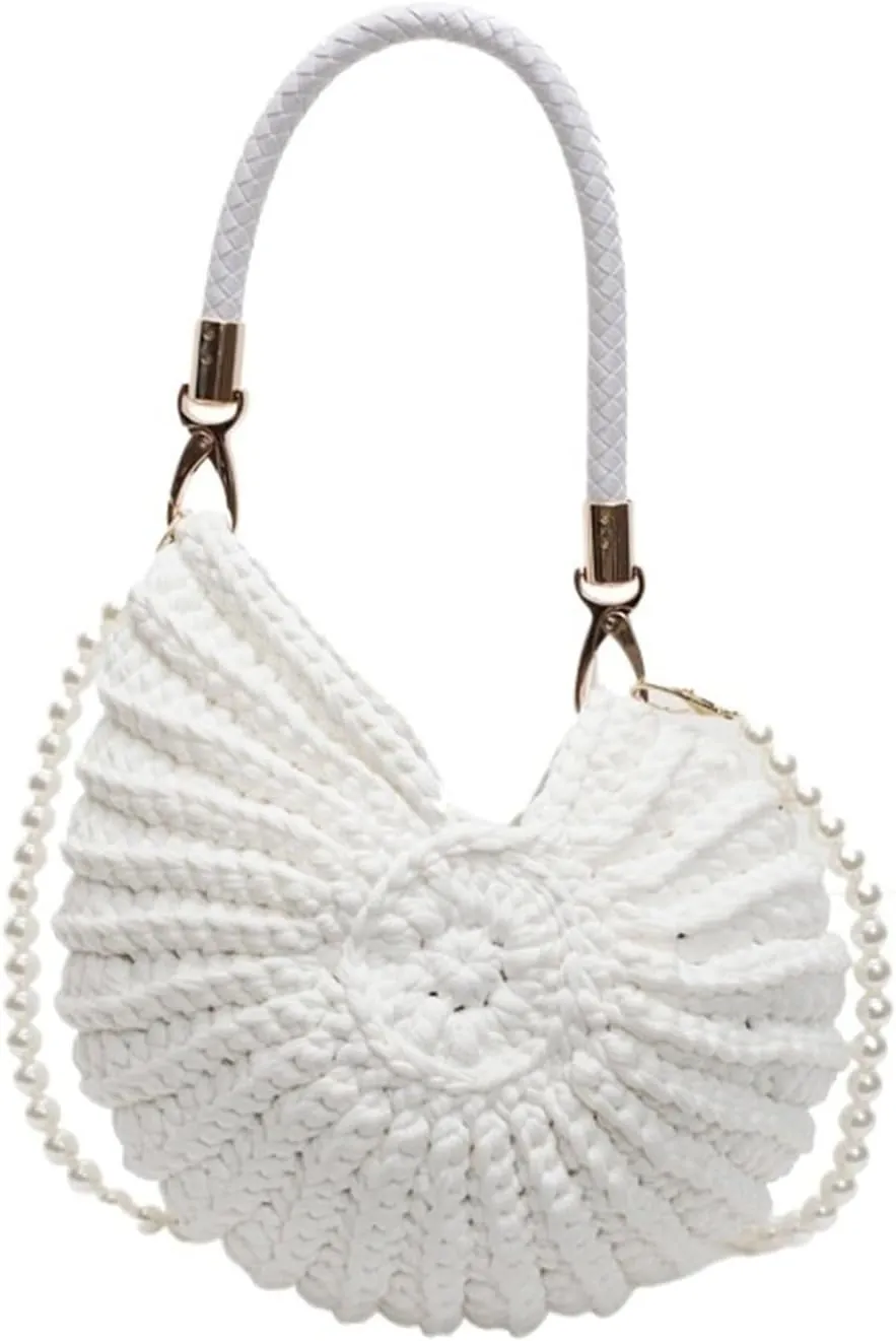 Hand-woven Bag Women's Seaside Conch Shell Messenger Bag Cute Pearls Chains Handmade Weave Crossbody Bag Novelty Handbags