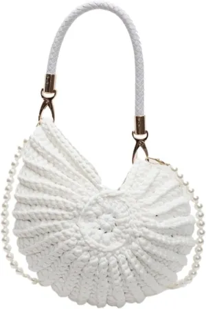 Hand-woven Bag Women's Seaside Conch Shell Messenger Bag Cute Pearls Chains Handmade Weave Crossbody Bag Novelty Handbags