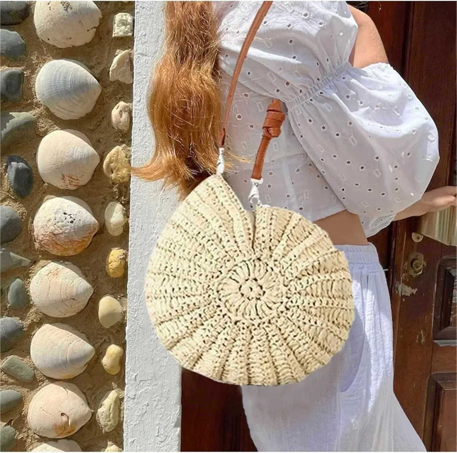 Hand-woven Bag Women's Seaside Conch Shell Messenger Bag Cute Pearls Chains Handmade Weave Crossbody Bag Novelty Handbags