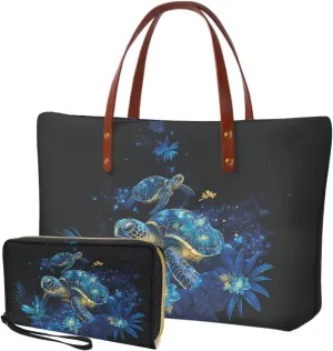 Handbag Purses Set of 2 for Women Portable Top Handle Tote Bag Shoulder Bag with Cash Wallet for Shopping Tours