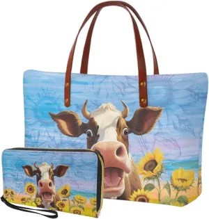 Handbag Purses Set of 2 for Women Portable Top Handle Tote Bag Shoulder Bag with Cash Wallet for Shopping Tours