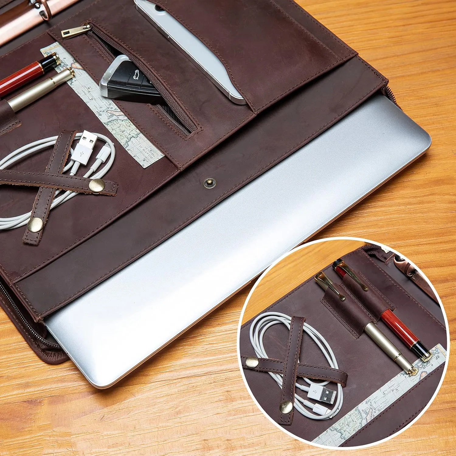 Handmade Genuine Leather Portfolio, Zippered Padfolio with 3 Ring Binder, Professional Business Organizer, Resume Folder, Notebook Organizer with Tablet Document Holder for Men, Women, Business Trip