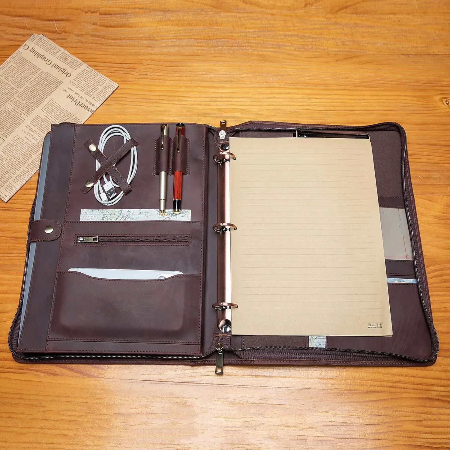 Handmade Genuine Leather Portfolio, Zippered Padfolio with 3 Ring Binder, Professional Business Organizer, Resume Folder, Notebook Organizer with Tablet Document Holder for Men, Women, Business Trip
