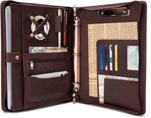 Handmade Genuine Leather Portfolio, Zippered Padfolio with 3 Ring Binder, Professional Business Organizer, Resume Folder, Notebook Organizer with Tablet Document Holder for Men, Women, Business Trip