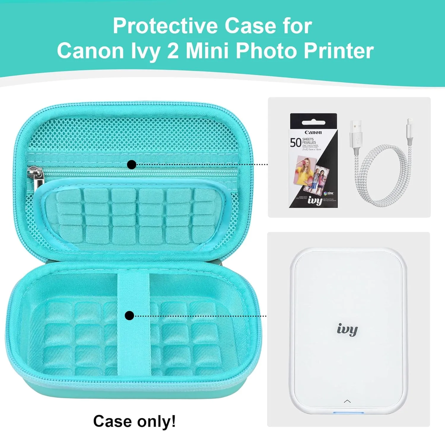 Hard Case for Canon Ivy 2/ Canon Ivy CLIQ 2 CLIQ2 CLIQ  Mini Instant Camera Photo Printer, Wireless Bluetooth Mobile Smartphone Printer Travel Bag, Mesh Pocket fits Photo Paper Cable, Green