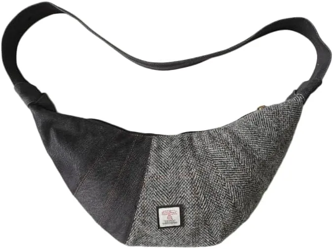 Harris Tweed Crescent Crossbody Bag for Women and Men, Tartan Wool & Denim Hobo Shoulder Bag, Vintage Travel Purse