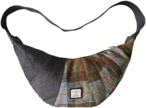 Harris Tweed Crescent Crossbody Bag for Women and Men, Tartan Wool & Denim Hobo Shoulder Bag, Vintage Travel Purse