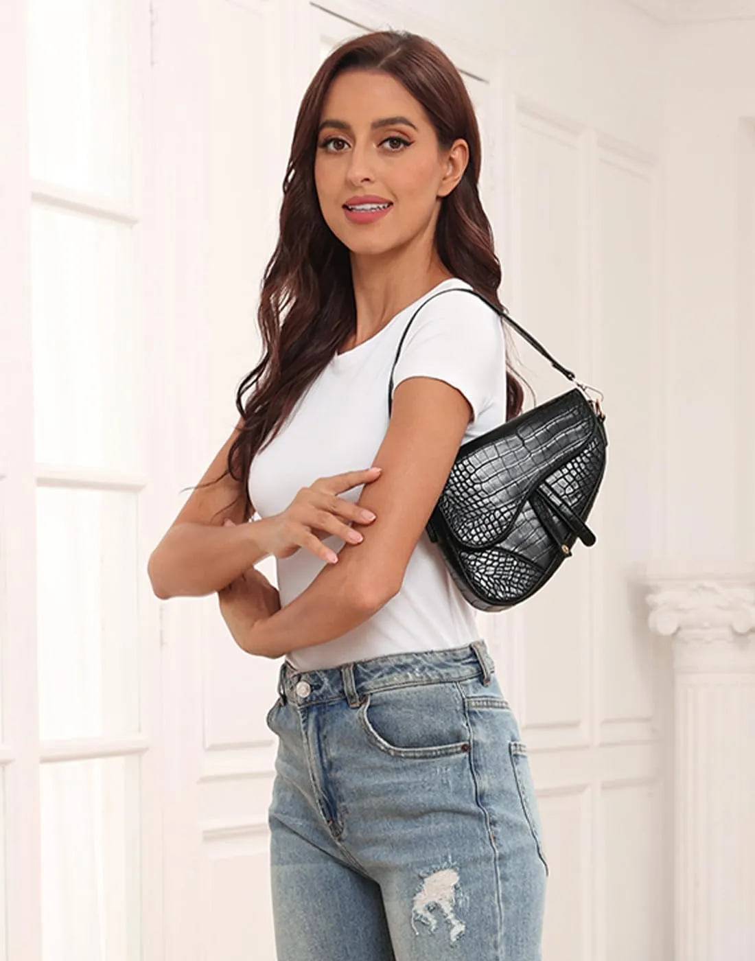 HDE Women's Saddle Shoulder Bag PU Leather Crossbody Purse Crocodile Handbag