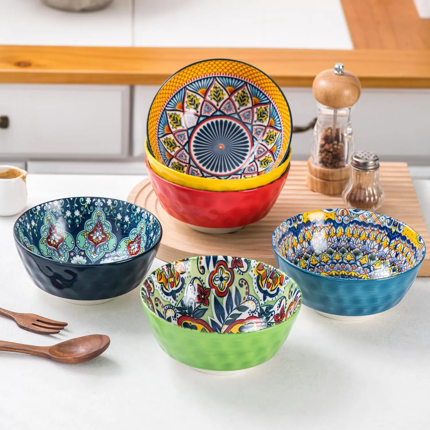 HENXFEN LEAD Ceramic Cereal, Soup Bowls Set of 6-25 Oz Porcelain Serving Bowls for Dinner, Pasta, Salad, Oatmeal, Microwave & Dishware Safe - Bohemian Style