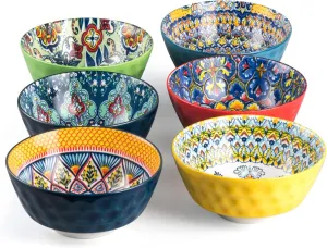 HENXFEN LEAD Ceramic Cereal, Soup Bowls Set of 6-25 Oz Porcelain Serving Bowls for Dinner, Pasta, Salad, Oatmeal, Microwave & Dishware Safe - Bohemian Style