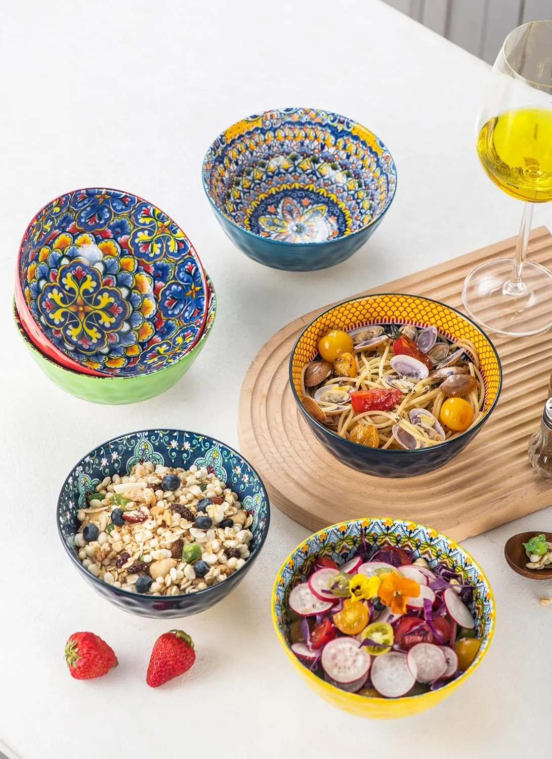 HENXFEN LEAD Ceramic Cereal, Soup Bowls Set of 6-25 Oz Porcelain Serving Bowls for Dinner, Pasta, Salad, Oatmeal, Microwave & Dishware Safe - Bohemian Style
