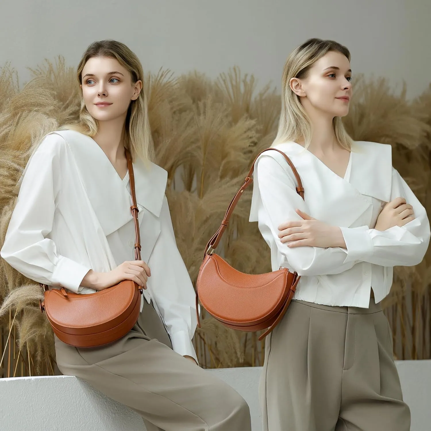 Herald Small Leather Crossbody Bag for Women, Designer Crescent Shoulder Purse Handbag with Adjustable Strap & Tassel