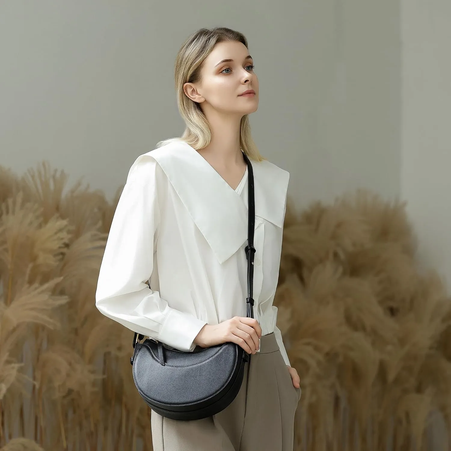 Herald Small Leather Crossbody Bag for Women, Designer Crescent Shoulder Purse Handbag with Adjustable Strap & Tassel