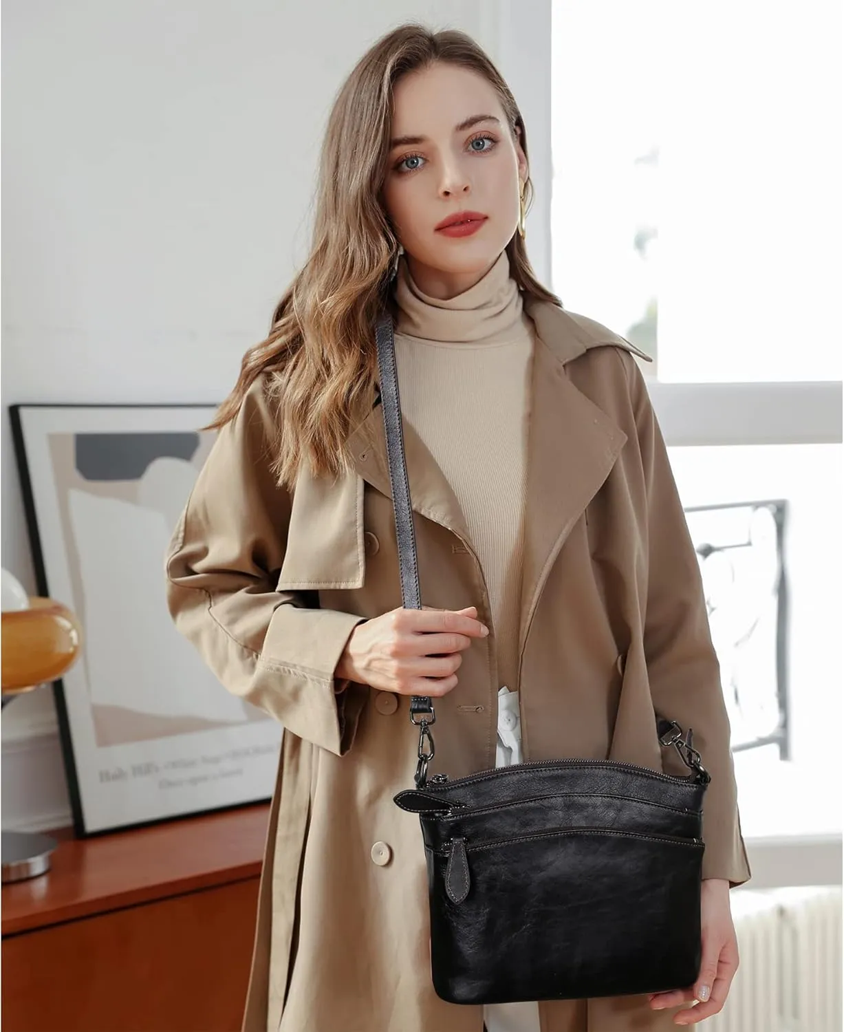 HESHE Crossbody Bags for Women Genuine Leather Purses with Multi-Pockets Vintage Ladies Small Shoulder Satchel Bag