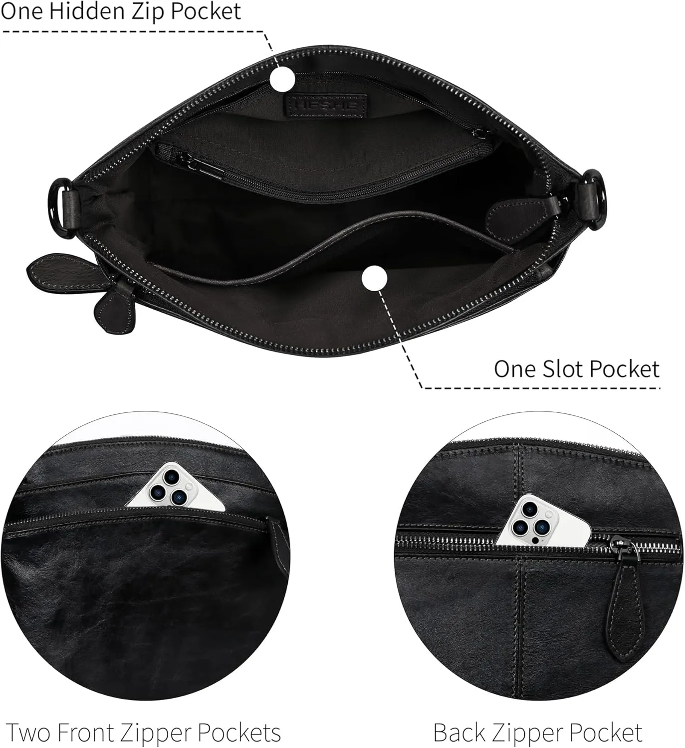 HESHE Crossbody Bags for Women Genuine Leather Purses with Multi-Pockets Vintage Ladies Small Shoulder Satchel Bag