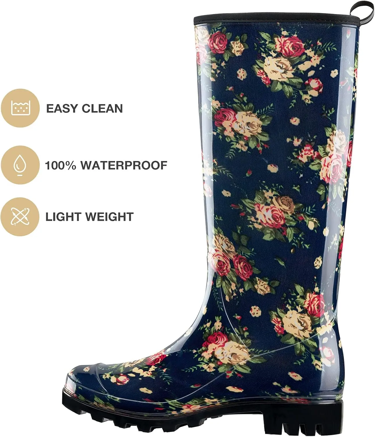 HISEA Women's Rain Boots Waterproof Garden Shoes Colorful Printed Knee High Rubber Boots Anti-Slipping Rainboots for Ladies with Comfort Insole Tall Wellington Rain Shoes