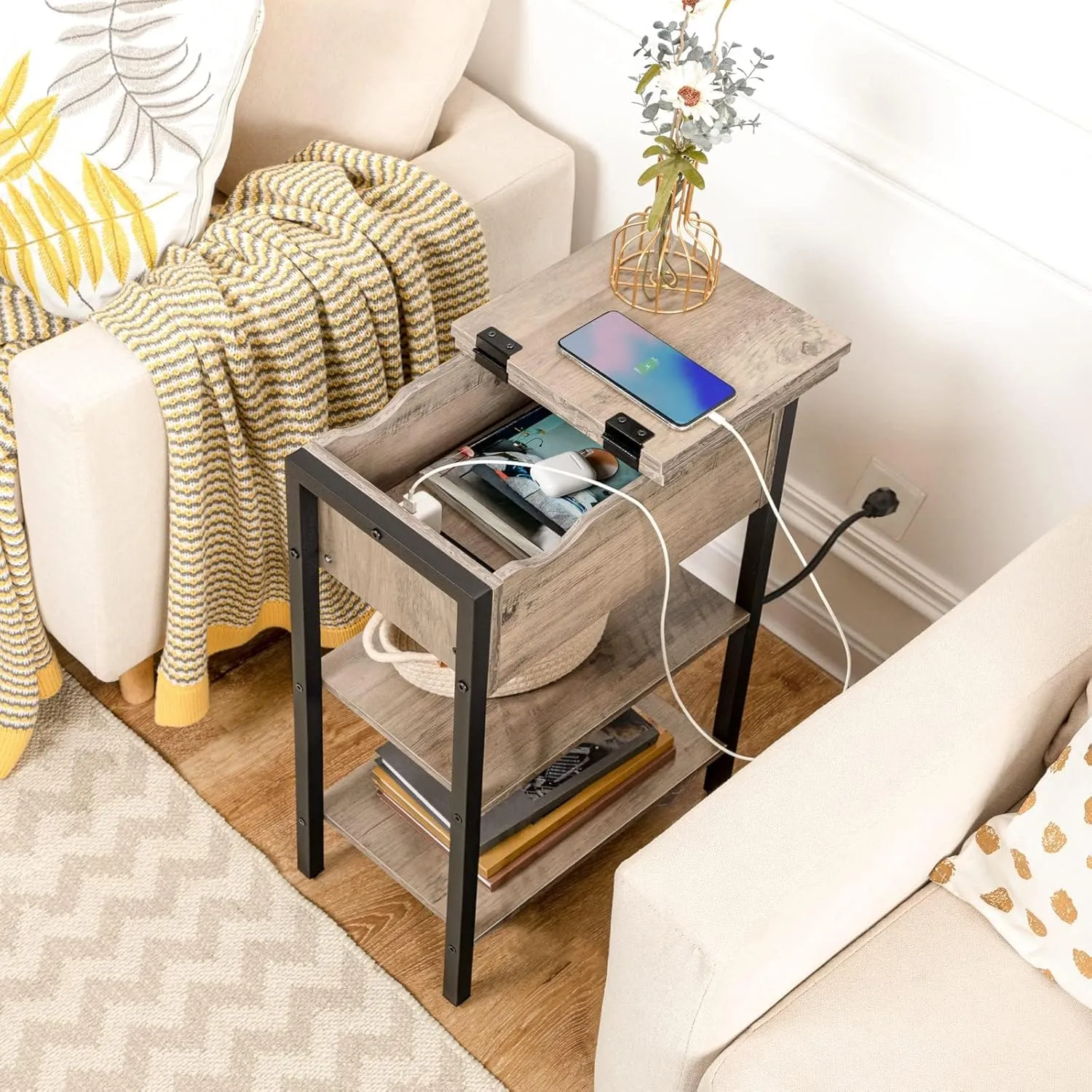 HOOBRO Side Table, Flip End Table with Charging Station and Shelves, USB Ports & Power Outlets, Narrow Nightstand for Small Spaces, Living Room, Stable and Sturdy, Greige and Black BG341BZ01