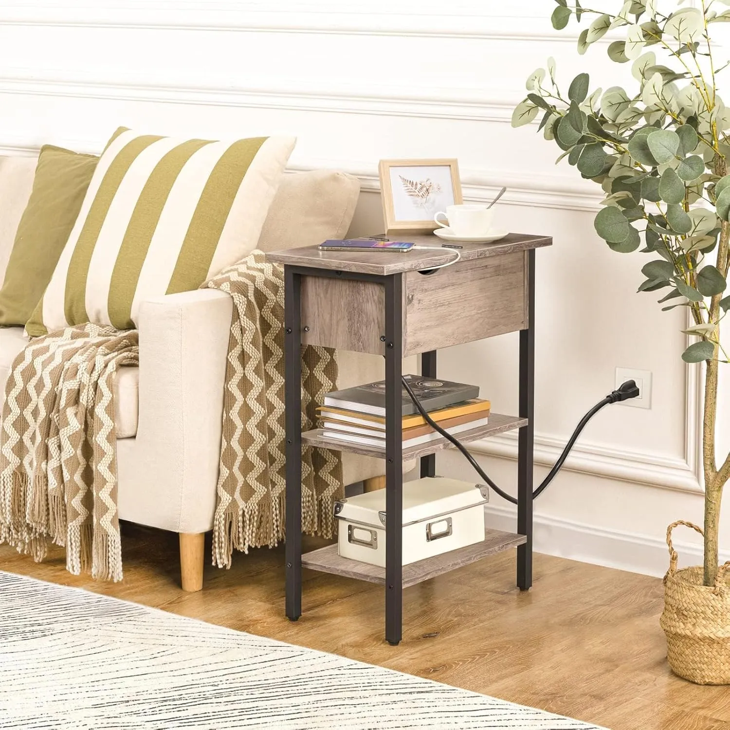 HOOBRO Side Table, Flip End Table with Charging Station and Shelves, USB Ports & Power Outlets, Narrow Nightstand for Small Spaces, Living Room, Stable and Sturdy, Greige and Black BG341BZ01