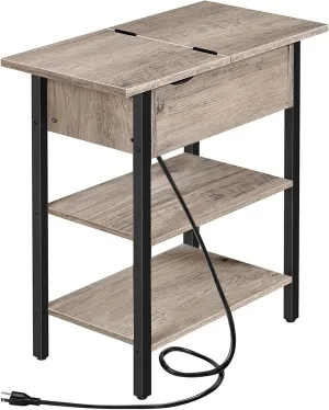HOOBRO Side Table, Flip End Table with Charging Station and Shelves, USB Ports & Power Outlets, Narrow Nightstand for Small Spaces, Living Room, Stable and Sturdy, Greige and Black BG341BZ01
