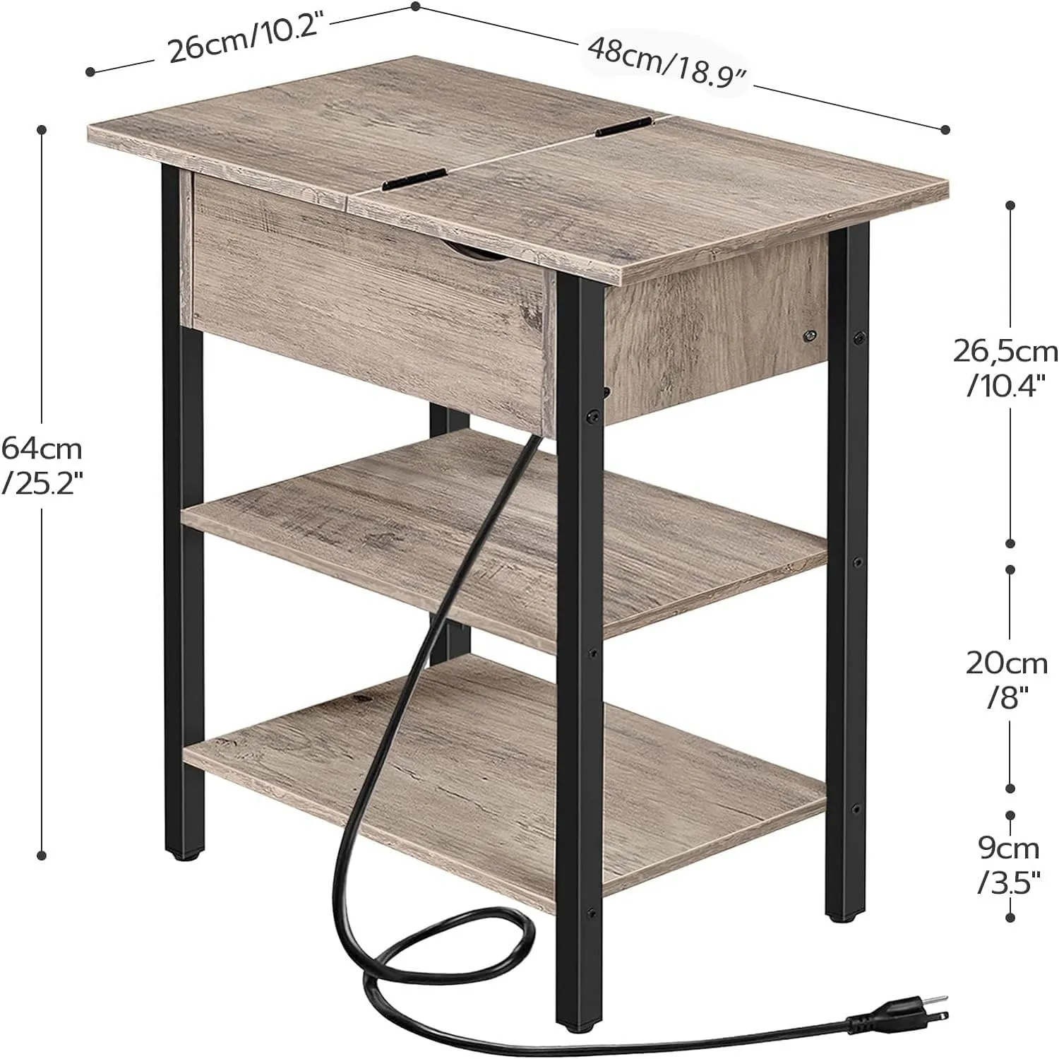 HOOBRO Side Table, Flip End Table with Charging Station and Shelves, USB Ports & Power Outlets, Narrow Nightstand for Small Spaces, Living Room, Stable and Sturdy, Greige and Black BG341BZ01