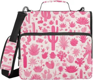 Hot Pink Cactus 1.5-Inch 3-Rings Binder Zipper with Shoulder Strap Waterproof Zippered Portfolio for Middle Student